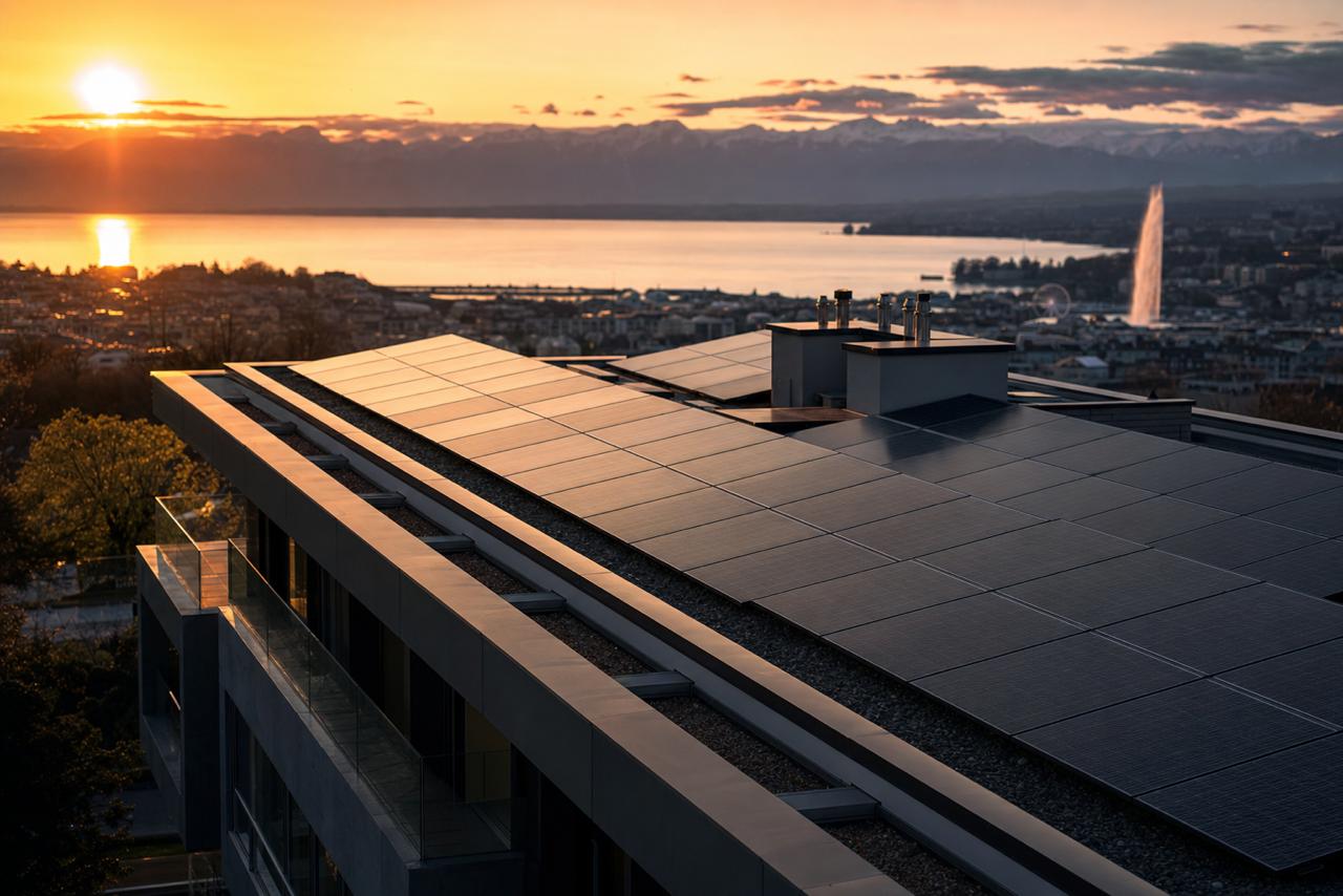 Panneaux solaires sur un toit au coucher du soleil, avec le lac Léman et le Jet d'Eau en arrière-plan