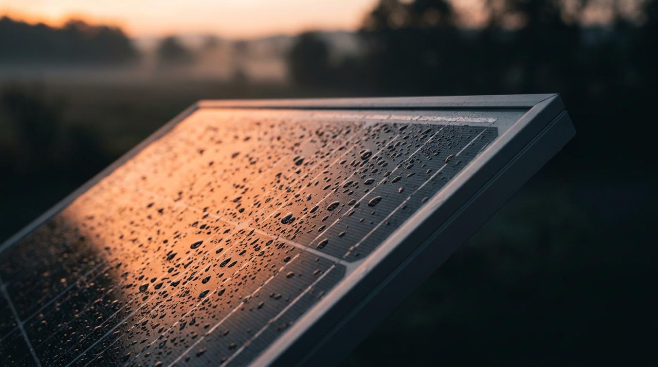 Gros plan sur un panneau solaire couvert de rosée au lever du jour